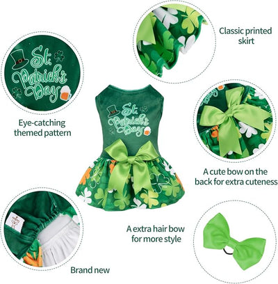 CuteBone St.Patrick's Day Dog Green Dress Velvet for Small Dogs Girl Puppy Dresses Clover Dog Clothes