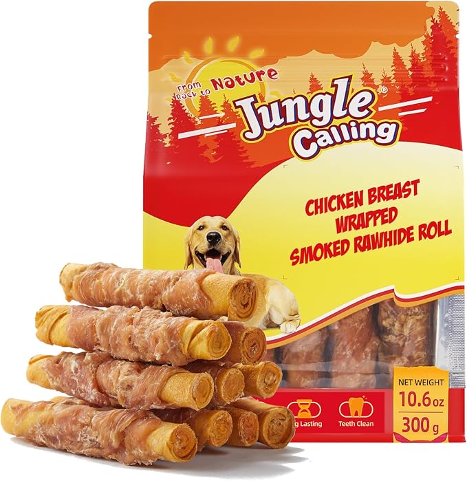 Jungle Calling Dog Treats Smoked Chicken Wrapped Rawhide Rolls, High Protein Dog Chews, Long Lasting Chews for Medium and Large Dogs, 10.6 Oz, About 10 Count