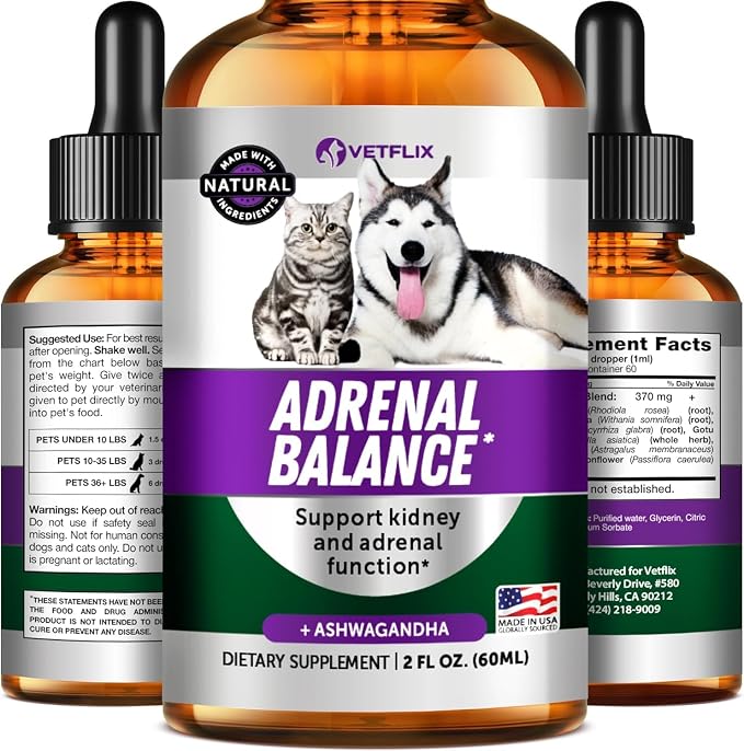Adrenal Support Liquid Supplement for Dogs, Cats, Puppies & Kittens, 2 Oz | Cushing's and Kidney Support, Natural Endocrine Health Formula
