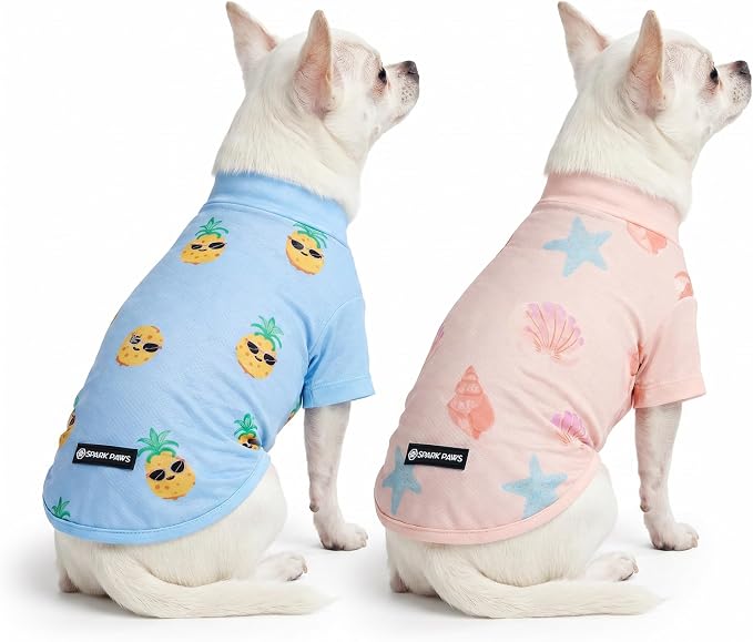 Spark Paws Sunblock Dog T-Shirt, SPF30 Protection, Lightweight Breathable Quick Dry for Dogs with Sensitive Skin - Pineapple & Seashells (Set of 2) - Size M