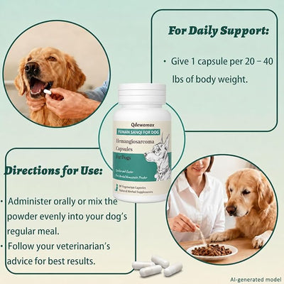 Yunan Sanqi Hemostatic Capsules for Dogs, for Hemangiosarcoma, Hemoabdomen, Pericardial Effusion, Cancer Bleeding, Severe Bruising, Ulcer-Related Bleeding
