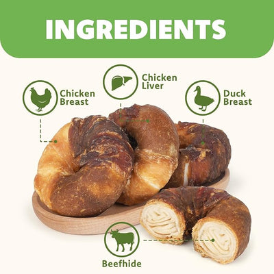 MON2SUN 3-3.5 Inch Duck, Chicken and Chicken Liver Wrapped Rawhide Donuts Dog Treats, Long Lasting Chew Treats for Medium & Large Dogs, 10.6 oz (4 Count)