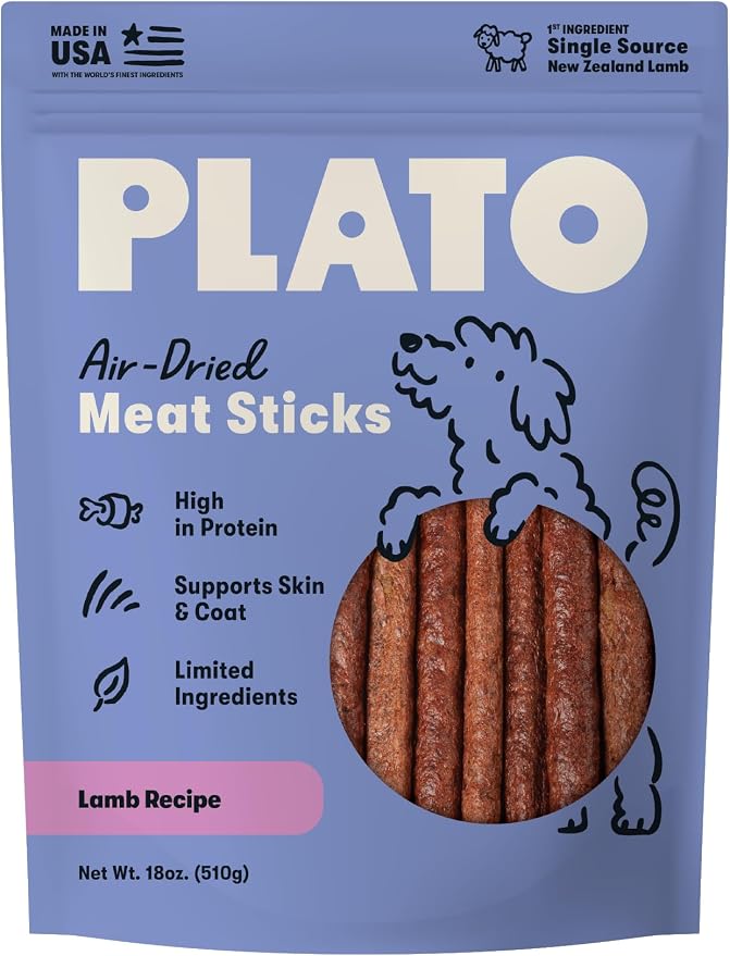 Plato Meat Sticks Lamb Recipe Dog Treats, Air-Dried High-Protein Soft Chews, Grass-Fed New Zealand Lamb with Omega Fish Oil, 18 oz