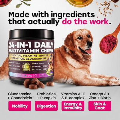 Complete Daily Dog Multivitamin, Bacon – Skin, Coat, Joint & Gut | 24-in-1 Chicken-Free with Glucosamine, Probiotics, Salmon Oil, Cranberry & Zinc – Made in USA