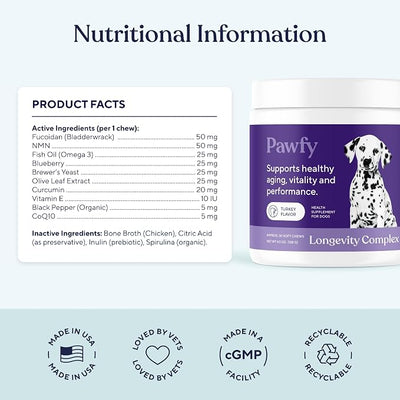 Pawfy NMN Longevity Dog Chews with Fucoidan & CoQ10 | Senior Dog Supplement for Joint, Brain, Eye & Energy Support | Daily Healthy Aging Formula | 30 Soft Chews (Turkey)