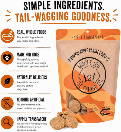 Winnie Lou Organic Dog Treats – Natural Dog Biscuits, USA Made, Organic Ingredients, Clean, Sensative Stomach, All Breed Sizes, High Protein, Hypoallergenic, Pumpkin Apple Canine Cookies (Pack of 2)