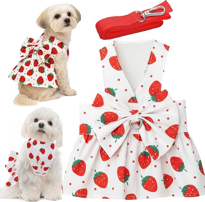 Dog Dress Bowknot Harness Leash Set for Small Dogs Red Strawberry Dog Cat Clothes Cute Puppy Outfits Pet Clothes Spring Summer Breathable Dresses(Samll)