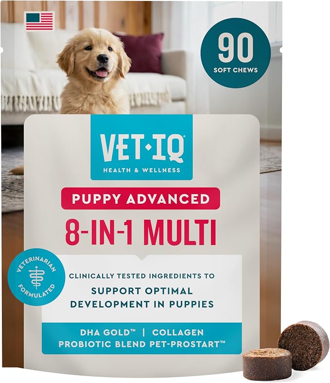 VetIQ Advanced 8-in-1 Puppy Multivitamin Supplement, Daily Vitamins, Immune Support, Joint, Skin & Coat, Brain, Digestive & Hip Health for Puppies, 90 Count