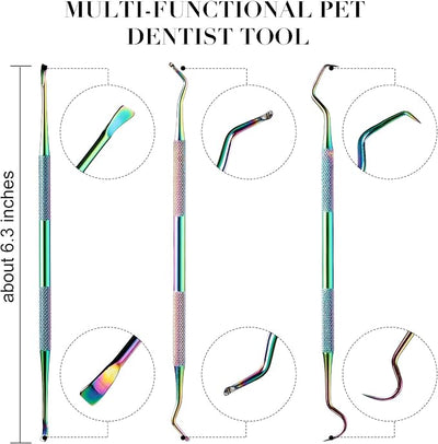 Hotop 3 Pieces Dog Dental Tooth Scaler and Scraper Stainless Double Headed Tarter Removing Tool Scraper Pet Teeth Cleaning Tools for Dog and Cat (Rainbow Color)