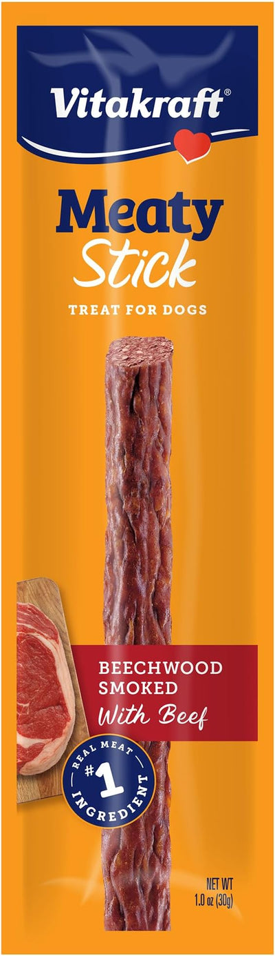 Vitakraft MeatyStick Beef, Jerky Treat for Dogs, No Added Sugar, Real Meat #1 Ingredient, No Artificial Preservatives, Flavors or Colors, Naturally Smoked, Individually Packed, 1.0 oz, Stick, 15 count