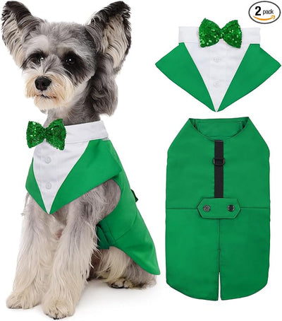 Kuoser St. Patrick's Day Dog Tuxedo Suit and Bandana Set, Large Dog Wedding & Party Attire, Prince Bow Tie Shirt, Golden Retriever, Samo Bulldogs