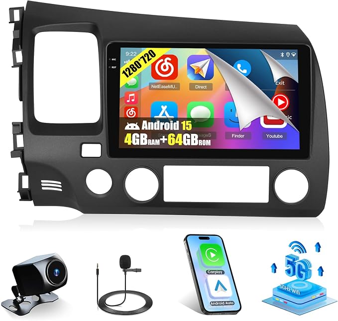 4+64G Android 15 Radio for Honda Civic 2006-2011, 9" Touchscreen for Civic Car Stereo, Wireless CarPlay/Android Auto, 5GHz WiFi, Bluetooth 5.0, EQ, GPS Navigation, 1280 * 720, Backup Camera