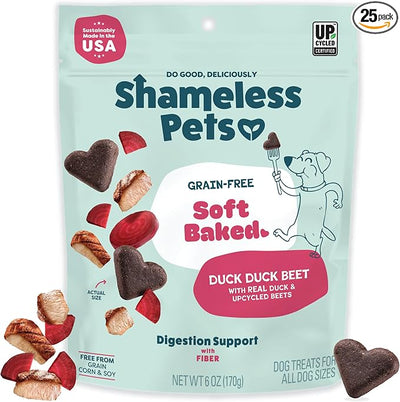 Shameless Pets Soft-Baked Dog Treats, Duck Duck Beet - Natural & Healthy Dog Chews for Digestive Support with Fiber - Dog Biscuits Baked & Made in USA, Free from Grain, Corn & Soy - 1-Pack