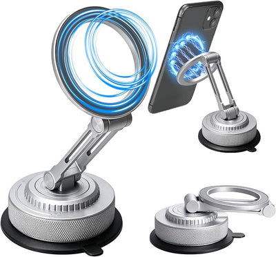 All-Metal Alloy Magnetic Suction Cup Car Phone Mount Holder Dash (Silver) | Strong Powerful Magnetic Heavy-Duty Suction Cup Windshield Dashboard Cell Mobile Phone Mount, Vehicle Bracket Holder for Car