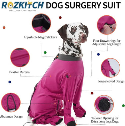 ROZKITCH Recovery Suit for Dogs After Surgery, Anti-Licking E-Collar & Cone Alternative with Adjustable Leg Drawstrings, Full-Body Bodysuit for Large Dogs, Anti Shedding & Wound Licking Rosered 2XL