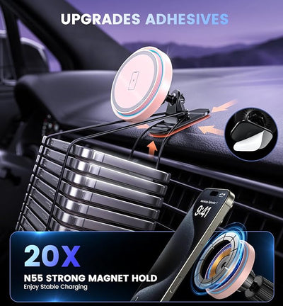 Magnetic Car Charger Mount 15W for iPhone 17-12 Pro Max | N52 Strong Magnets, 360° Rotation, Dashboard & Vent Mount, Compatible with Magnetic Cases, Gift for Women, Pink/Black
