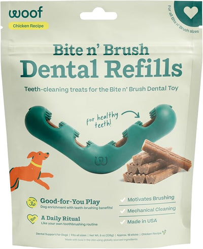 WOOF - Bite n' Brush Refills Treats for the Dog Toothbrush Toy - Scrub Plaque and Tartar from Your Dog's Teeth and Mouth - Dog Dental Sticks - 18 Refills - Chicken