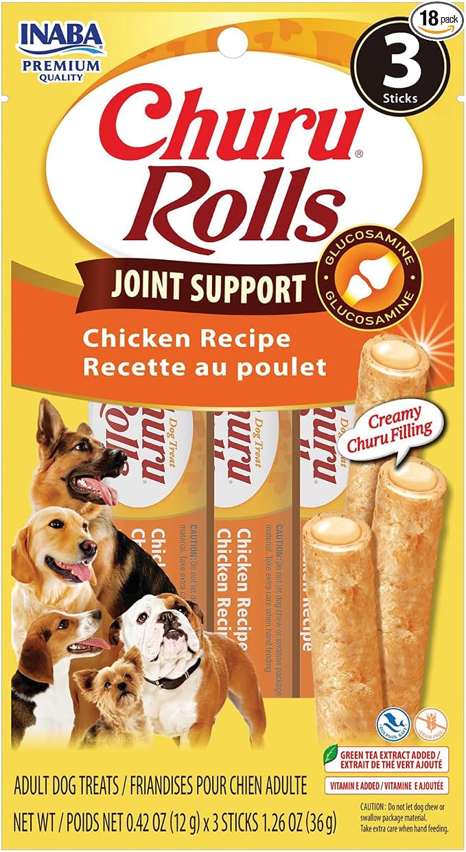 INABA Churu Rolls Joint Support for Dog, Functional Lickable Dog Treat with Taurine & Green Tea Extract, 1.26oz Each, 18 Tubes Total, Chicken Recipe