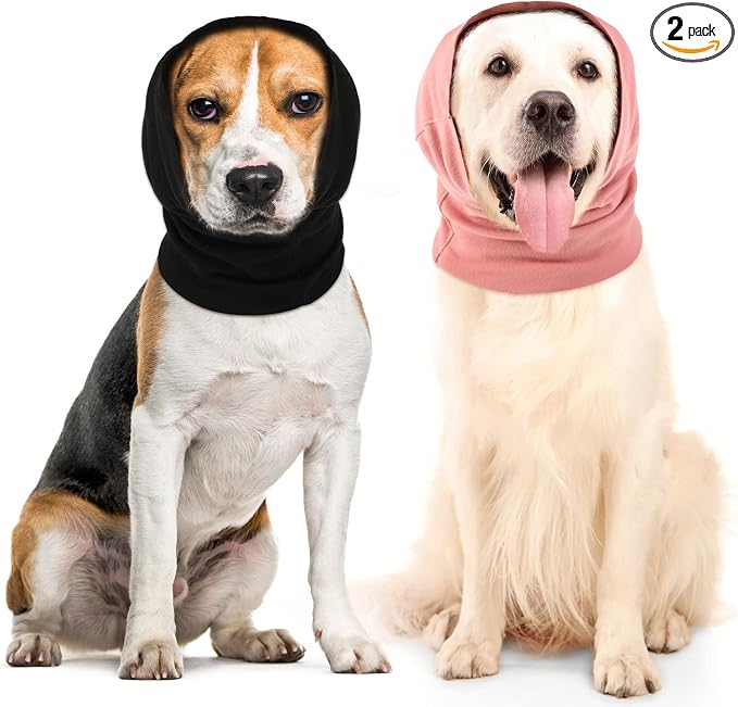 Frienda 2 Pcs Dog Ear Muffs Dog Calming Ear Cover Anxiety Relief Cover Face Neck Warmer Quiet Head Sleeves for Noise Bathing Grooming Drying(Large,Black, Pink)