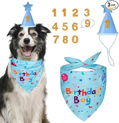 Dog Boy Girl Birthday Party Hat, Dog Birthday Party Supplies, Birthday Bandana Set with Numbers for Gaint and Extra Large Dogs (Blue)