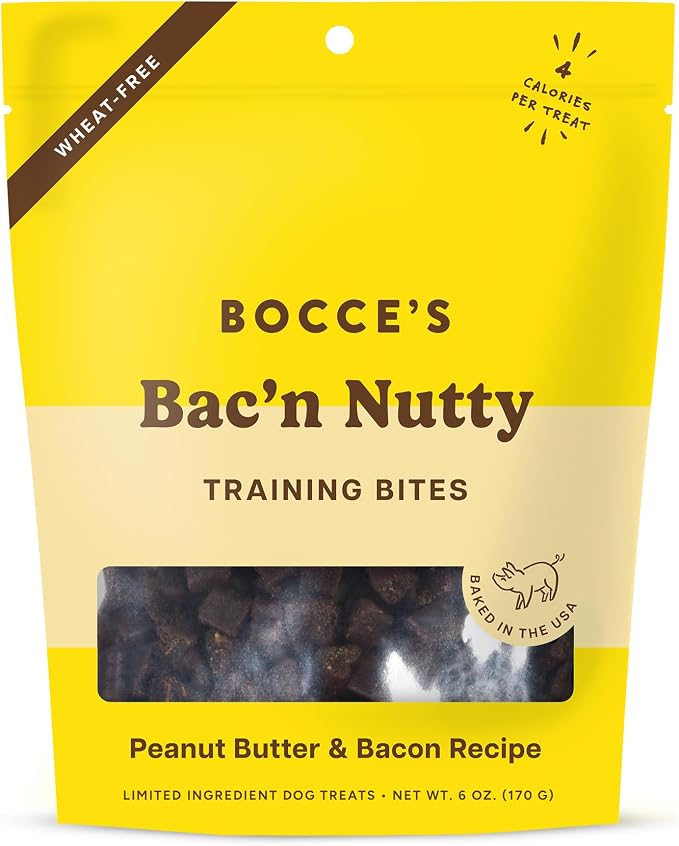 Bocce's Bakery Bac'N Nutty Training Treats for Dogs, Wheat-Free Dog Treats, Made with Real Ingredients, Baked in The USA, Natural & Low Calorie Training Bites, PB & Bacon Recipe, 6 oz