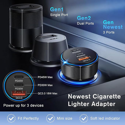 USB C Car Charger 3Pack, 3-Port 93W Dual PD USB-C & USB-A Fast Charging Cigarette Lighter USB Charger for Samsung S25 S24, Car Phone Adapter Accessories for iPhone 17/Air/16/15 Pro Max, Pixel