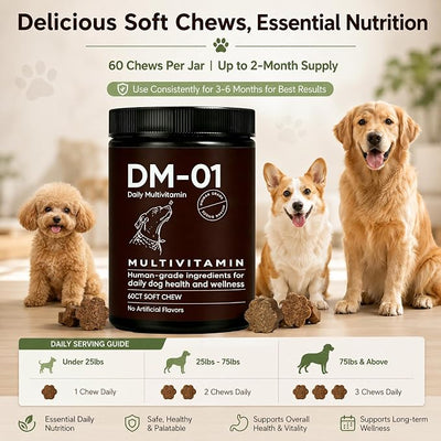 DM-01 Daily Multivitamin - Advanced Skin & Coat Support, Multivitamin Itch Relief Chews for Dog with HCI & MSM, Salmon Oil, Chondroitin & Vitamins, Promotes Skin and Coat Healthy, 60 Chews, Beef