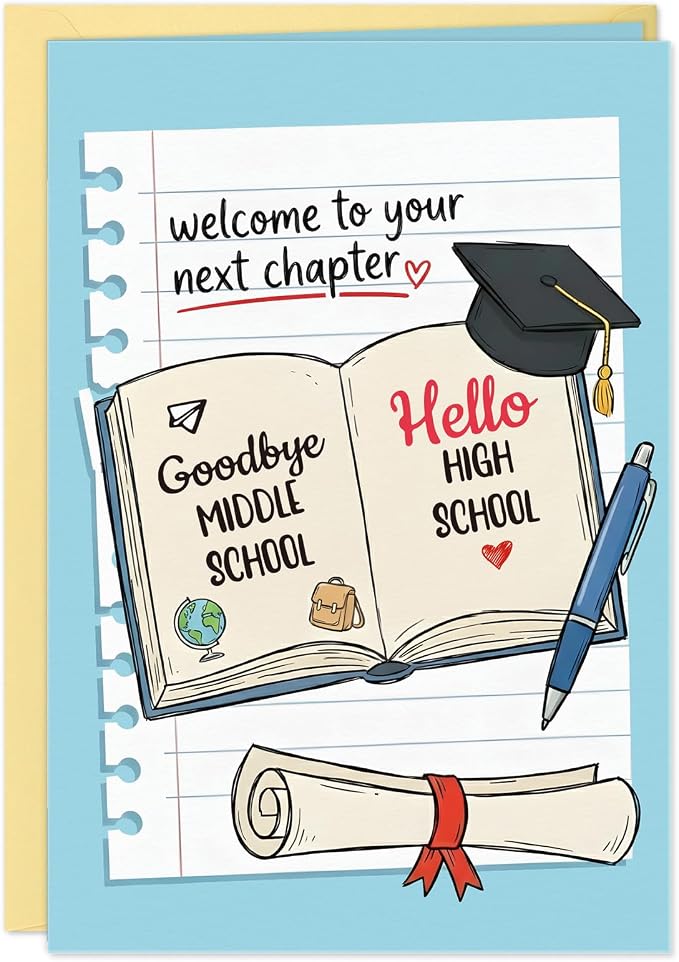 FLYAB 8th Grade Graduation Card - Welcome to Your Next Chapter Middle School Graduation Card for Boys Girls Best 8th Grade Graduation Gifts with Gold Envelope & Sealing Sticker(5.5 x 8 Inch)