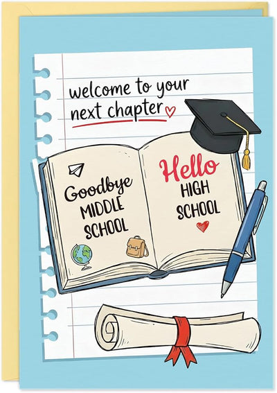 FLYAB 8th Grade Graduation Card - Welcome to Your Next Chapter Middle School Graduation Card for Boys Girls Best 8th Grade Graduation Gifts with Gold Envelope & Sealing Sticker(5.5 x 8 Inch)