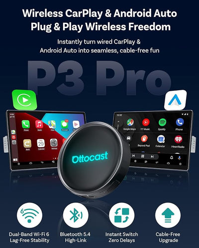 OTTOCAST P3 Pro AI Box – Wireless CarPlay & Android Auto Adapter, Android 13 with OttoDrive 3.0, HDMI Output, 8GB RAM + 128GB Storage, Cloud SIM, Supports YouTube, Netflix & TikTok Streaming
