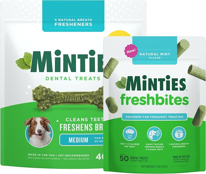 Minties Medium Dog Dental Bone Treats, 40 Count FreshBites Soft and Chewy Dental Treats for Dogs, 50 Count