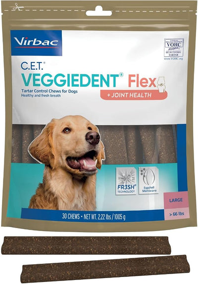 Virbac C.E.T.® VEGGIEDENT® Flex Tartar Control Chews for Dogs - Multifunctional to Support Joint Health, VOHC Approved - Large Dogs Over 66lbs