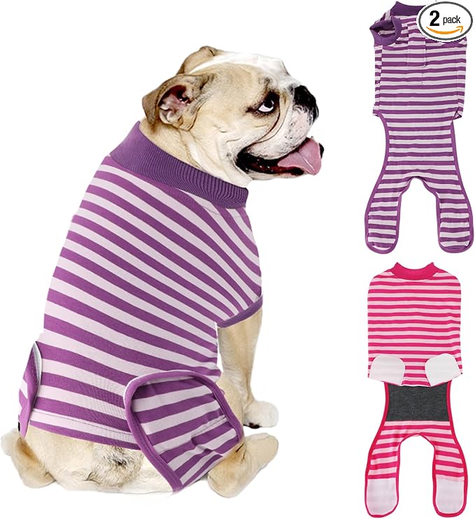 2 Packs Breathable Cotton Dog Recovery Suit for After Neuter Spay Abdominal Wounds Protector, Professional Anti-Licking Onesies for Male Female Pets Surgery Bandages, L Purple & Pink Stripes