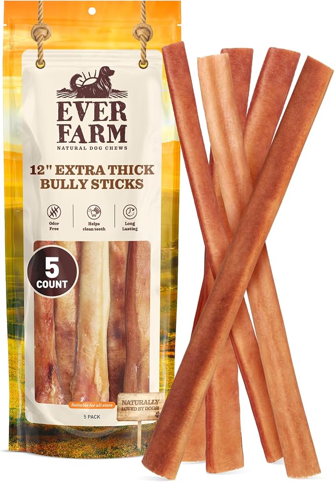 Pet Odor-Free Extra-Thick Jumbo Bully Sticks for Large Dogs (12", 5 Pack) – All-Natural, Long-Lasting Dog Chews Made from 100% Grass-Fed Beef, High-Protein & Grain-Free.