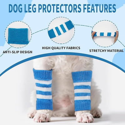 ROZKITCH Pet Dog Elbow Protector Dog Elbow Sleeve, 2PCS Front Leg and 2PCS Back Leg Knee, Elbow Wrap Leg Warmer Wrap Protector, Pet Elastic Knitted Breathable Protective BlueStripe L