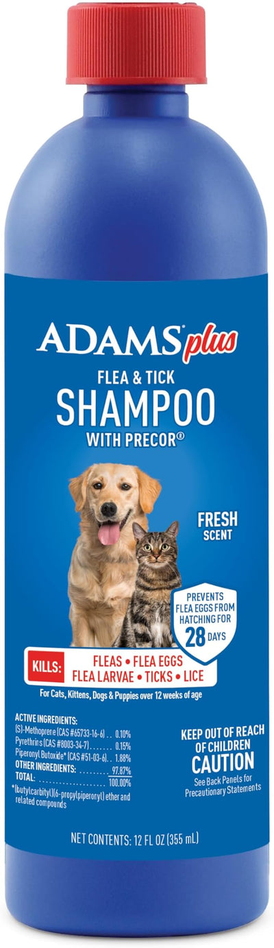ADAMS Plus Flea and Tick Shampoo with Precor for Dogs, Cats, Puppies & Kittens, Treats Infestations, Kills Ticks, Flea Eggs & Lice, Cleans and Conditions Coat, 12 oz