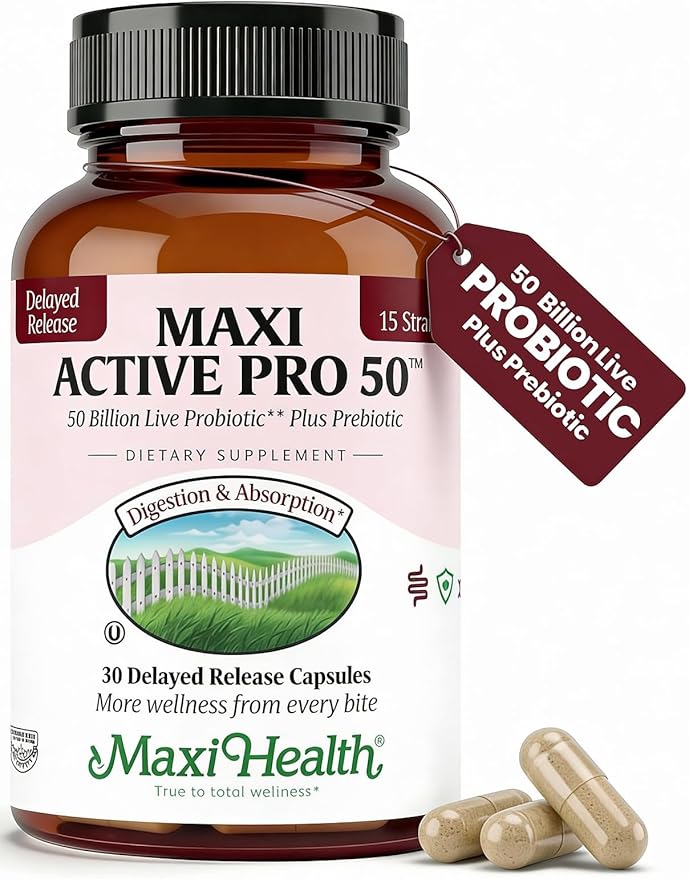 Maxi Health Probiotics for Women & Men Plus Prebiotics – 15 Strains for Digestive Support – Probiotics for Digestive Health with 50 Billion CFU – Kosher, Vegan, Delayed Release, 30 Count, Pack of 1