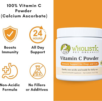 Wholistic Pet Organics Vitamin C Powder for Dogs & Cats - Cat & Dog Allergy & Itch Relief - Vitamin C Immune Support Supplement - Itchy Skin Support for Seasonal Dog Allergy Relief - 4 oz - 113 Scoops