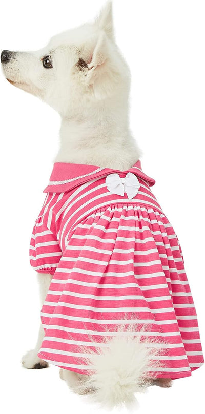 Blueberry Pet Sea Lover Rose Pink Striped Cotton Blend Dog Dress with Bowtie, Back Length 14", Pack of 1 Clothes for Dogs
