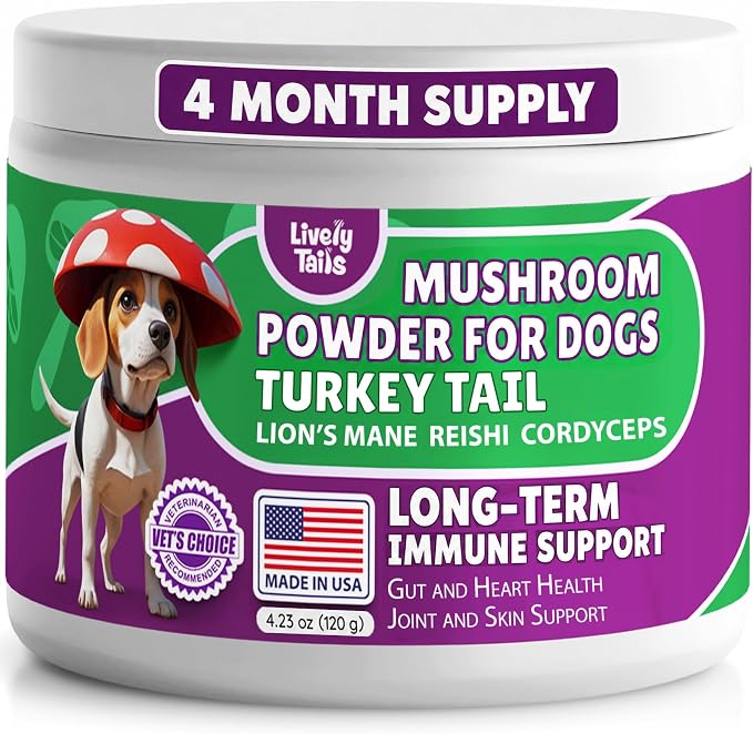 All-Natural Mushroom Powder for Dogs for Immunity, Cognition, Longevity, Bumps, and Lumps Support, Turkey Tail Mushroom for Dogs with Lion’s Mane, Reishi & Cordyceps, 4.25 oz Jar