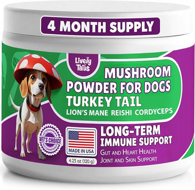 All-Natural Mushroom Powder for Dogs for Immunity, Cognition, Longevity, Bumps, and Lumps Support, Turkey Tail Mushroom for Dogs with Lion’s Mane, Reishi & Cordyceps, 4.25 oz Jar