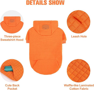 BEAUTYZOO Small Dog Hoodie Sweater with Pockets, Dog Clothes for Small Medium Dogs Boy Girl, Waffle-Like Laminated Cotton Pet Coats with Hat and Leash Hole, Orange M