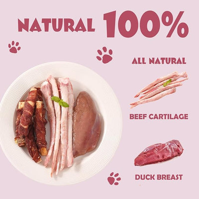 Dog Treats, Duck Wrapped Beef Cartilage Dog Chews, Long Lasting Grain Free Rawhide Free Natural Dental Dog Bones, Teeth Cleaning Training Treats for Small Medium Large Dogs Healthy Pet Snacks