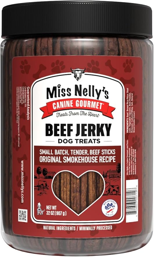 Miss Nelly's- All Natural Beef Jerky Dog Treats Made in USA Only-Original Smoke House Recipe-Minimally Processed Soft Sticks Dog Jerky Treats-32 oz. Jar