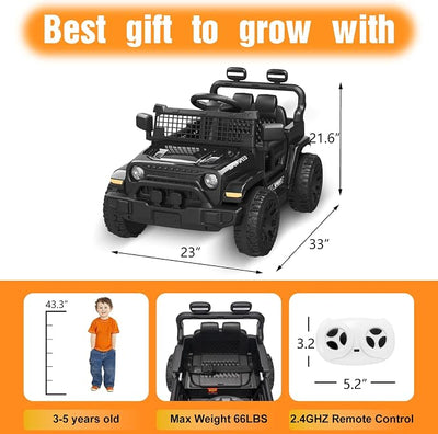 12V Ride on Car with Parent Remote Control, Toddler Electric Car with Spring Suspension, LED Lights & Music Player - Safe Battery Toy for Kids, Christmas & Birthday Gift, Black