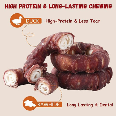 Pawmate Duck Rawhide Dog Treats Donut, Long Lasting Dog Chews with Duck Wrapped Rawhide, Natural Dog Treats for Medium and Large Aggressive Chewers, High Protein Dog Snacks, 4 Counts