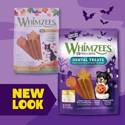Wellness WHIMZEES Fall Natural Dog Dental Treat, Autumn Halloween Seasonal Gift, Chews, Freshens Breath, Medium Size, 6.3 oz Bag, 6 Count