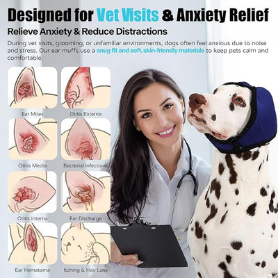Dog Ear Muffs Wrap for Hematoma, Bathing, Drying, Swimming & Noise Anxiety Relief- Elastic Waterproof Ear Protection with Calming Hoodie Design for Grooming