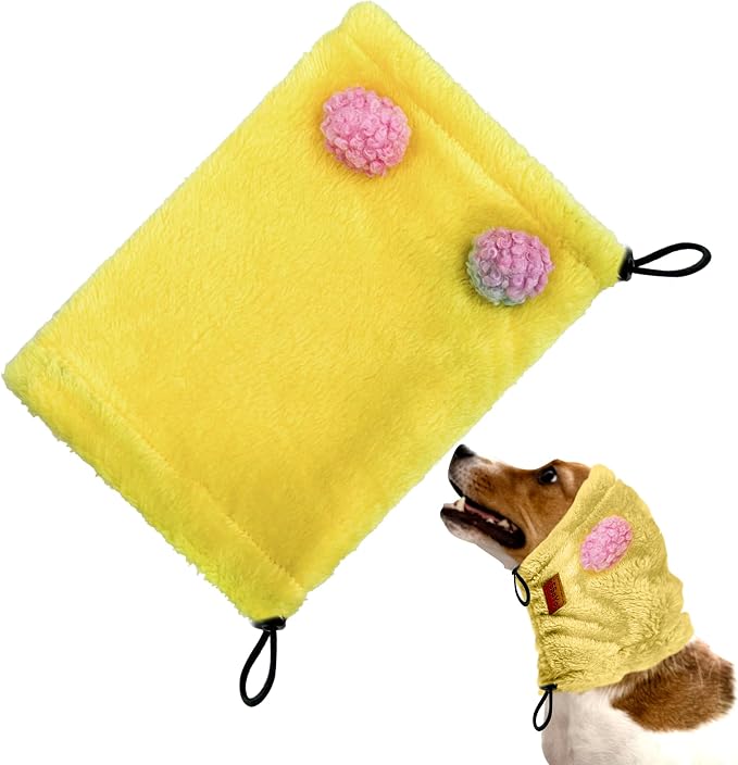 Dog Ear Muffs Noise Protection - Soft Calming Hood for Anxiety Relief, Fireworks, Thunder, Grooming & Vet Visits - Elastic Headband & Comfortable Neck Warmer for Travel (Yellow, Large)