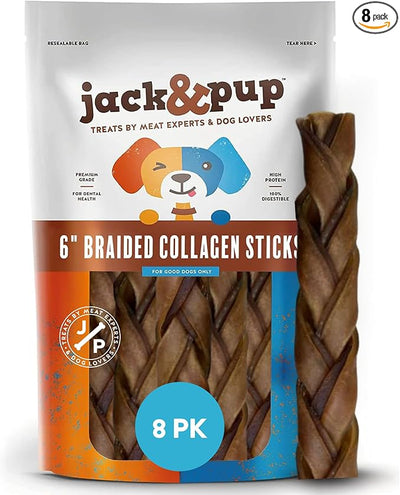 Jack&Pup 6" Braided Beef Collagen Sticks for Dogs | Rawhide Free Dog Chews Long Lasting | Single Ingredient Healthy Dog Treats for Medium Dogs | Bully Stick Alternative (8 Pack)